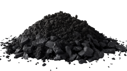 Black charcoal or crushed coal pile isolated on white background, natural carbon material for energy production, agriculture biochar, filtration, and industri. Isolated on transparent background, PNG.