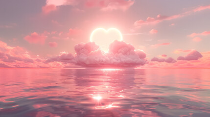 beautiful pink heart-shaped sunset shines over colorful, glowing water, creating a stunning summer atmosphere reminiscent of paradise.
