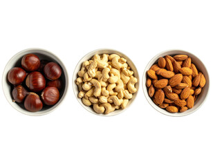 Three small white bowls filled with nuts.  Chestnuts, cashews, and almonds are visible