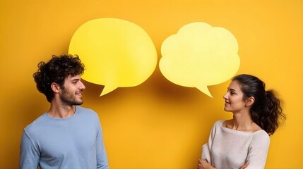Deux personnes souriantes se regardent avec bulles de dialogue jaunes