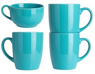 Four teal ceramic mugs and a bowl, displayed in a grid format