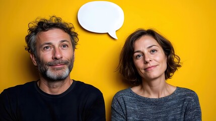 Deux personnes souriantes devant un mur jaune avec bulle de dialogue
