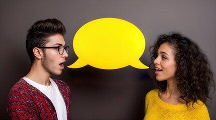 Deux jeunes qui communiquent avec une bulle de dialogue jaune
