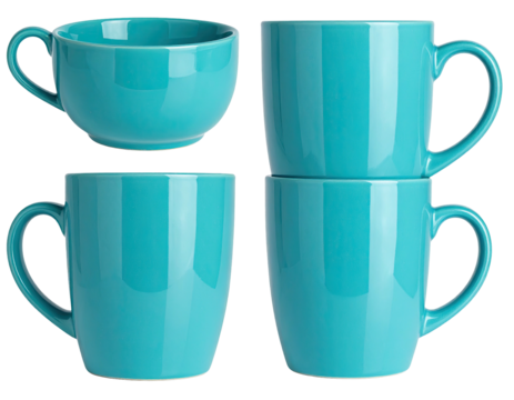 Four teal ceramic mugs and a bowl, displayed in a grid format