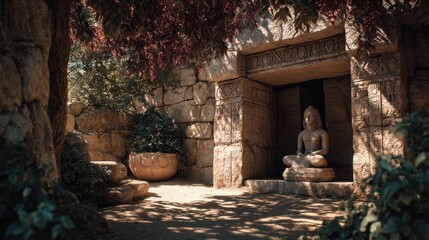 Idyllic meditative sanctuary featuring a peaceful buddha statue amongst stone walls