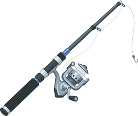 3D vector icon of fishing rod with metallic reel and realistic line detail