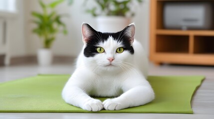 Adorable Bicolor Cat Relaxing on Green Yoga Mat