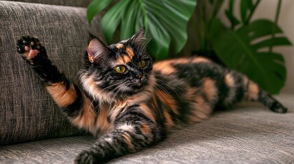 Adorable Tortoiseshell Cat Playing on Sofa with Paw Raised