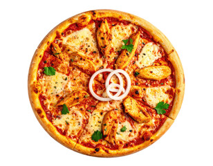 A round pizza with chicken, mozzarella, and red sauce, garnished with sliced onions and fresh herbs