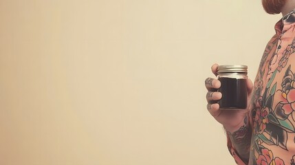 Man with Tattoos Holding a Jar of Coffee,  Vintage Style Image