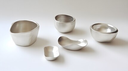 Abstract Silver Metal Bowls Collection, Modern Minimalist Home Decor, Elegant Tableware Set