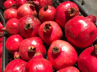 Fresh Pomegranates and Seeds Displayed at Market – Juicy Red Fruit. Punica granatum isolated. mediterranean fruits close up.