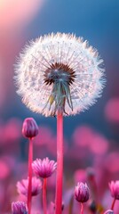 Magnificent Dandelion in a Pink Flower Field at Sunset