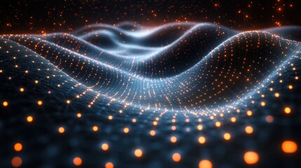 Abstract Digital Landscape: Glowing Network Nodes forming  Waves of Light