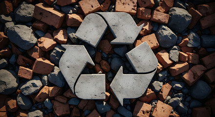 Recycling symbol made of stone lies on a surface covered with broken bricks and gray stones.