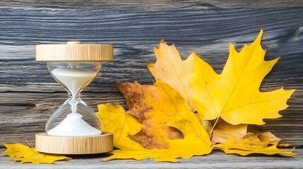Autumn Equinox Sand Timer Wooden Background Yellow Leaves