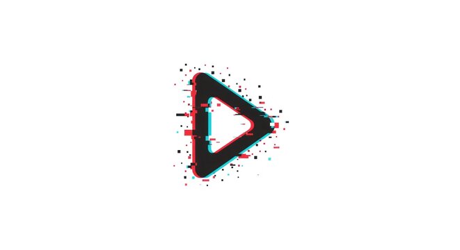 Black play symbol with red and blue glitch effect on white background. - Powered by Adobe