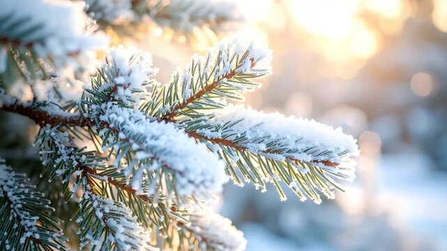 Snowy pine branch sunlight