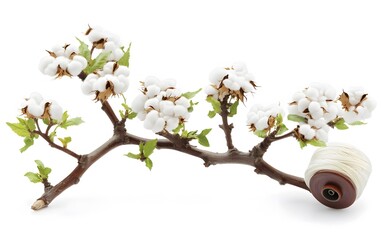 Cotton Plant Branch with White Cotton Bolls and Yarn Spools