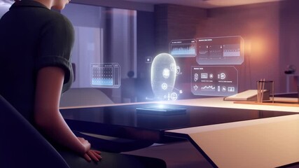 A woman interacts with a holographic AI assistant and digital data interfaces in a modern smart home workspace. - Powered by Adobe