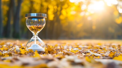 Autumn Hourglass on Fallen Leaves in Forest