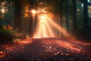 Autumnal Path: Sunbeams Illuminating Forest Trail