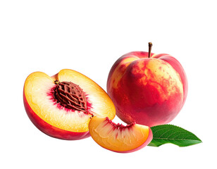 Two ripe peaches, one whole and one halved, with a slice, and a leaf