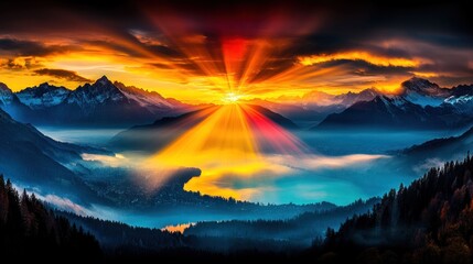 Majestic Sunset over the Mountains and Lake: A breathtaking panorama of vibrant colors, majestic mountains, and a serene lake at sunset, showcasing nature's beauty.
