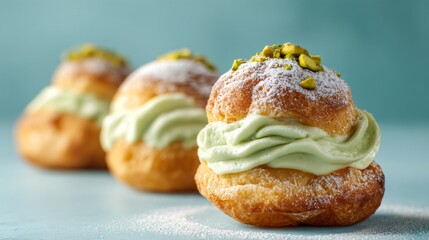 Zeppole with pistachio cream filling, green pastel background, soft shadows