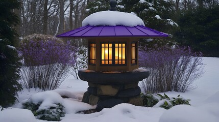 Illuminated Lantern in Snowy Garden Winter Scene