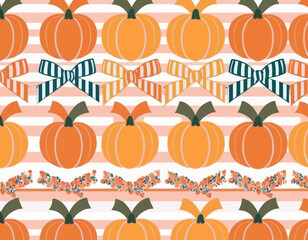 Fall pumpkin flowers cute coquette bows seamless pattern