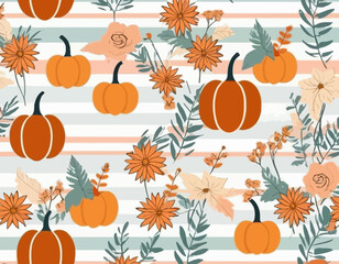 Fall pumpkin flowers cute coquette bows seamless pattern