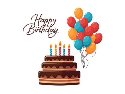 A three-tiered birthday cake with lit candles is accompanied by a bunch of colorful balloons and the words "Happy Birthday". - Powered by Adobe