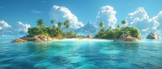 Tropical Paradise Island Escape: Idyllic Beach, Crystal Clear Waters, Lush Greenery, Majestic Mountains