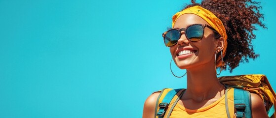 Smiling Adventurer Against a Vibrant Blue Sky