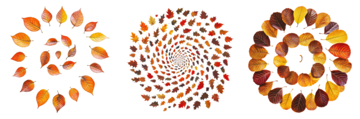 Artistic arrangement of spiraling autumn leaves in three different compositions on transparent background