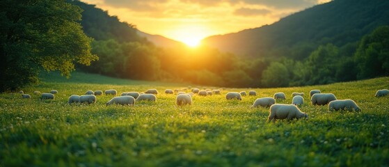 Serene Sunset over a Flock of Sheep Grazing in a Lush Green Pasture