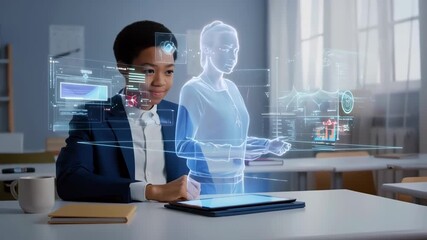 A student explores holographic scientific data projected from a laptop, studying digital brain models and molecular visuals in a modern, tech-enhanced workspace. - Powered by Adobe