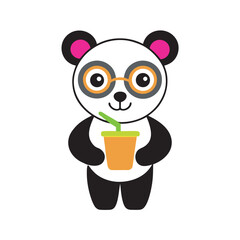 Fototapeta premium Cartoon panda with glasses drinking orange juice