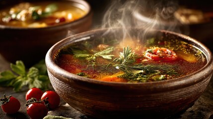 Ultradetailed rustic vegetable soup in ceramic bowl