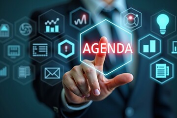 Strategic agenda planning with interactive futuristic virtual interface and icons for business, technology, and innovation