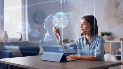 A young woman works with a futuristic holographic interface displaying digital human anatomy and analytical data, using an advanced tablet in a modern home office. - Powered by Adobe