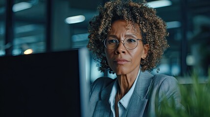 Mature african american woman working at computer in dark office. Businesswoman using desktop technology for corporate work.
