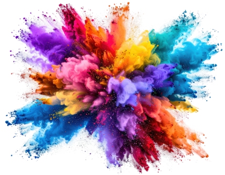 Colorful explosion of vibrant powder.  A dynamic burst of various hues radiating outward, creating a striking abstract design