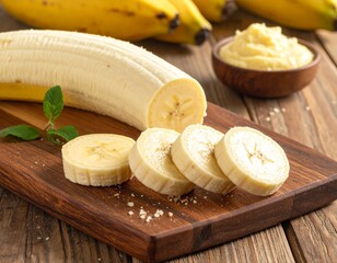 Banana picada em t&aacute;bua de madeira nobre