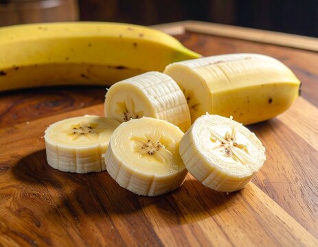 Banana picada em t&aacute;bua de madeira nobre