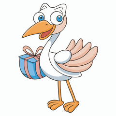 Cheerful stork carrying a gift