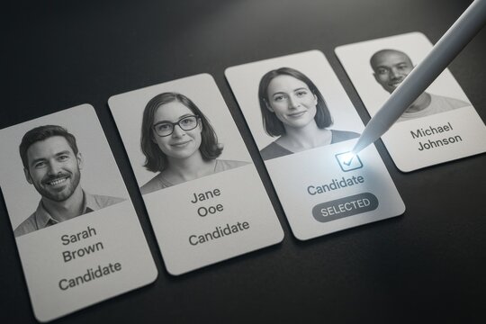 Stylus selecting job candidate from digital employee profiles during recruitment process
