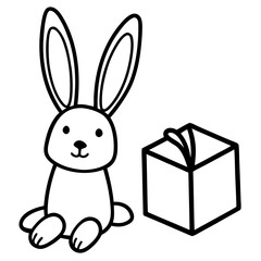 Cute bunny with long ears next to a wrapped present perfect for easter related designs