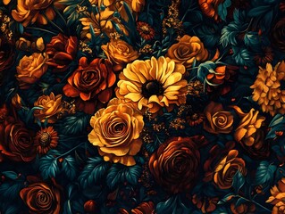 Dark Floral Bouquet Painting Roses and Sunflowers Autumn Colors
